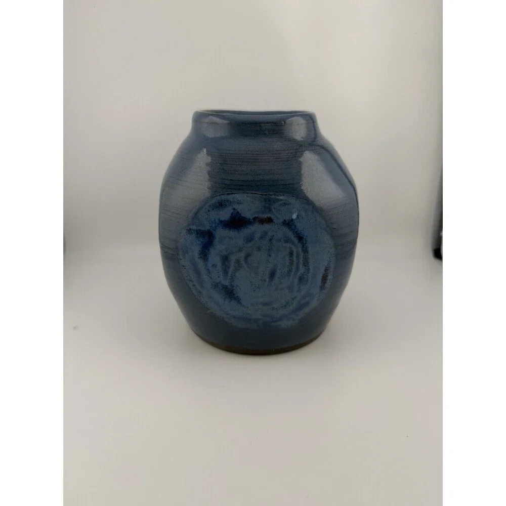 Vintage Blue Studio Art Pottery Vase Handmade Signed/Marked 5.5” Abstract Glaze